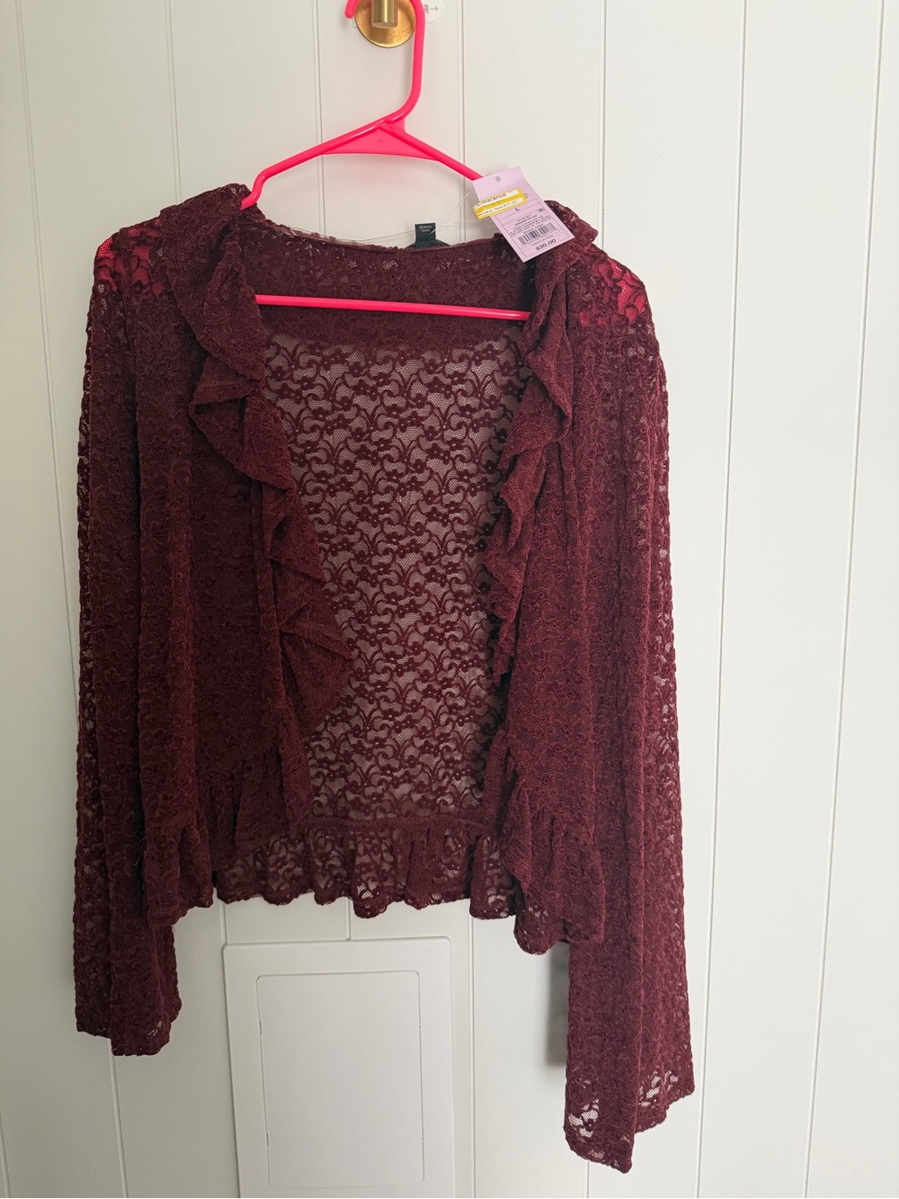 Madewell Burgundy Lace Ruffle Open-Front Cardigan